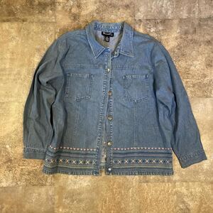 denim & co vintage denim button up with bottom embroidery stitching size 1x